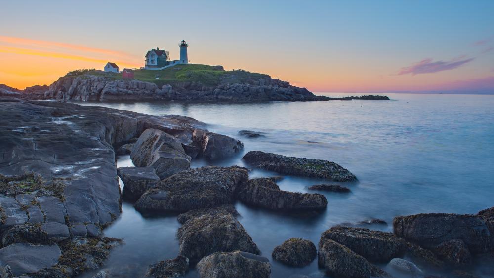 Nubble Lighthouse at Sunrise Serenity wallpaper