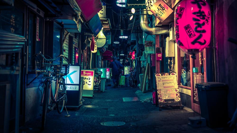 Bustling Tokyo Alleyway at Night wallpaper