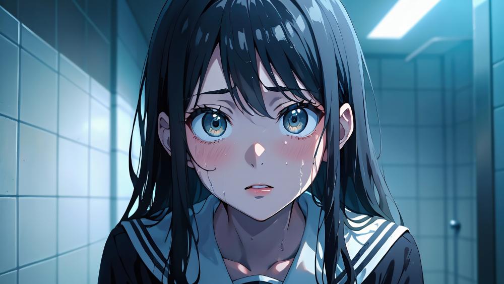 Hanako-san's Mysterious Gaze in the School Hallway wallpaper
