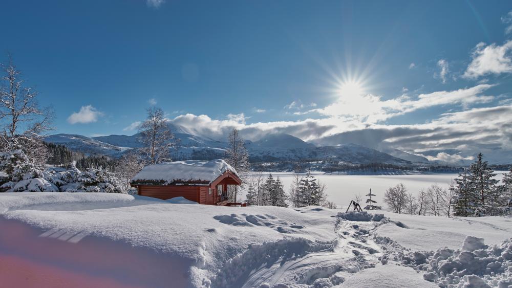 Winter Paradise Cabin in Snow-Draped Wilderness wallpaper