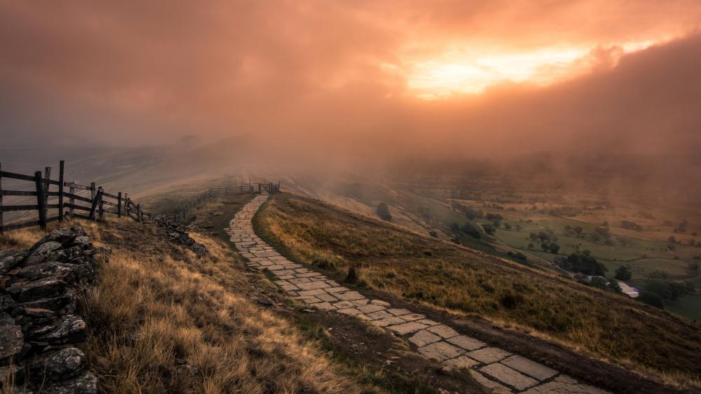 Fog Embraced Pathway in Sunrise Splendor wallpaper