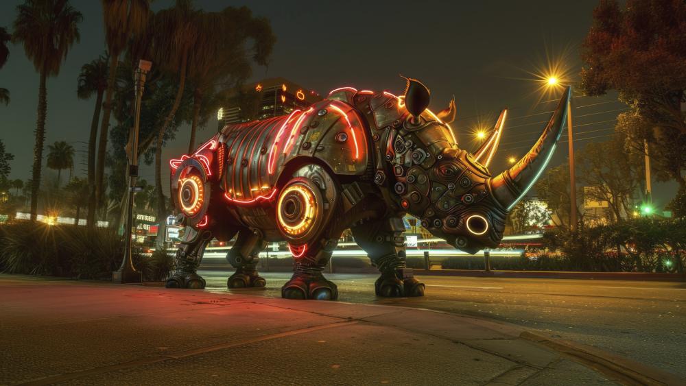 Robotic Neon Rhino in a Sci-Fi World wallpaper
