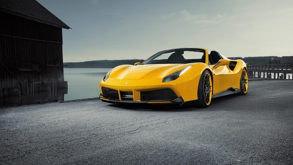 Yellow Ferrari 488: Shoreline Elegance in 4K wallpaper