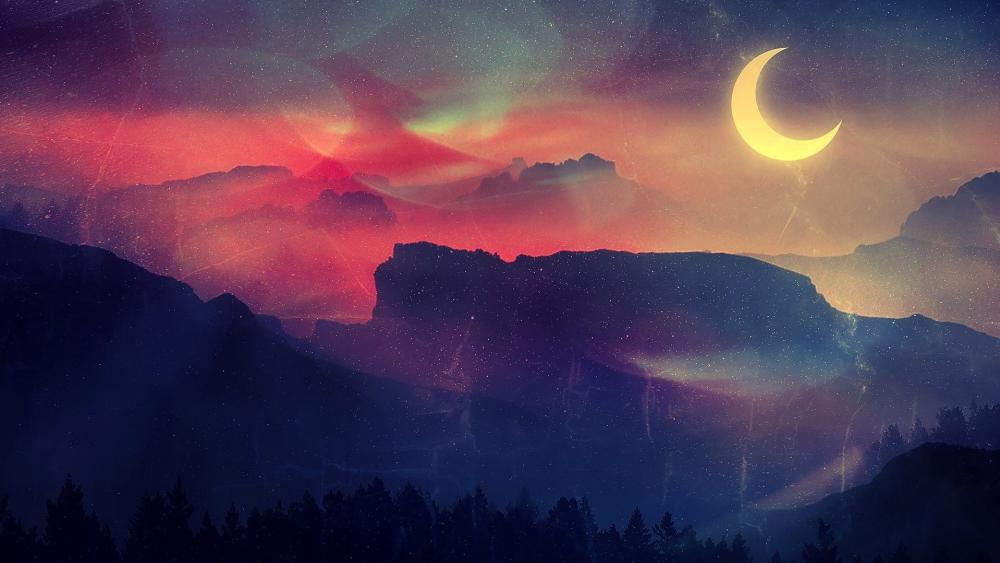 Crescent Moon Over Mystical Nightscape wallpaper