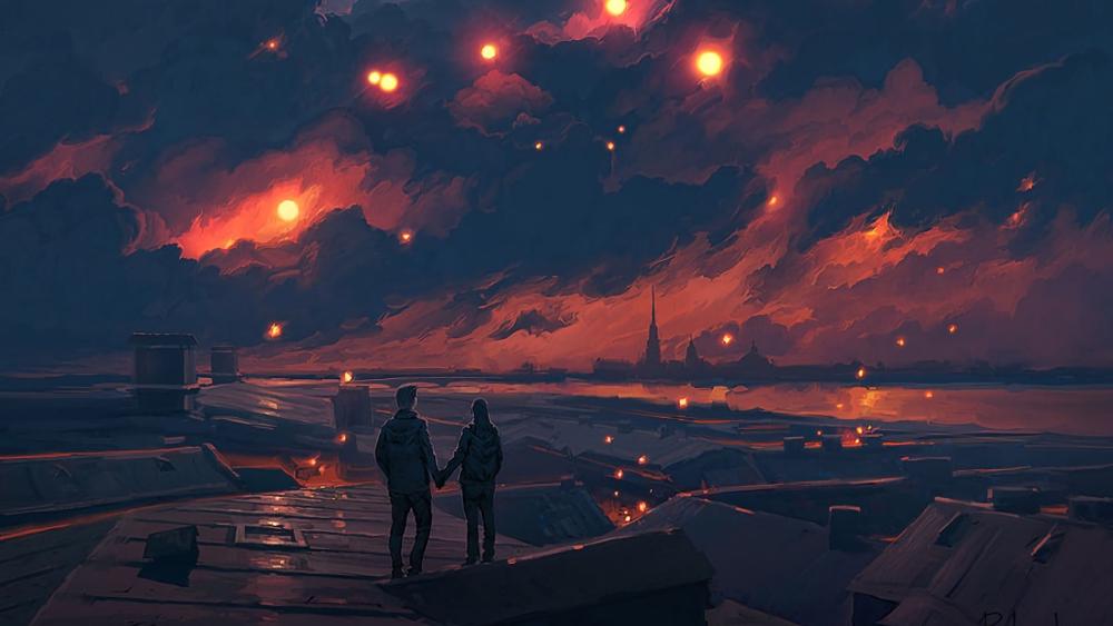 Mystical Evening Embrace Under Cosmic Skies wallpaper