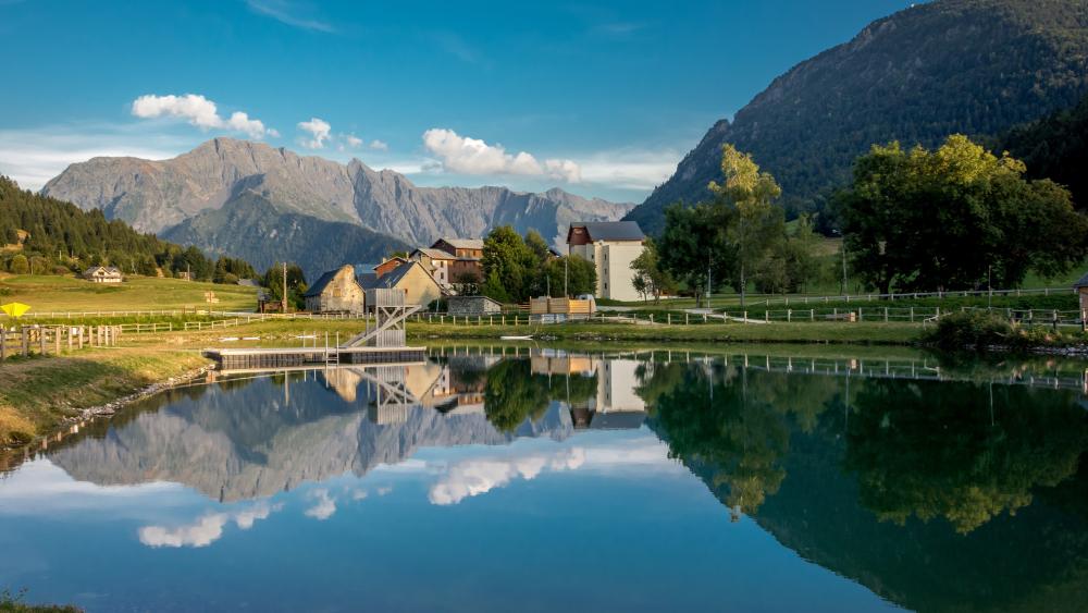 Mountain Reflections Calm Valley Oasis wallpaper