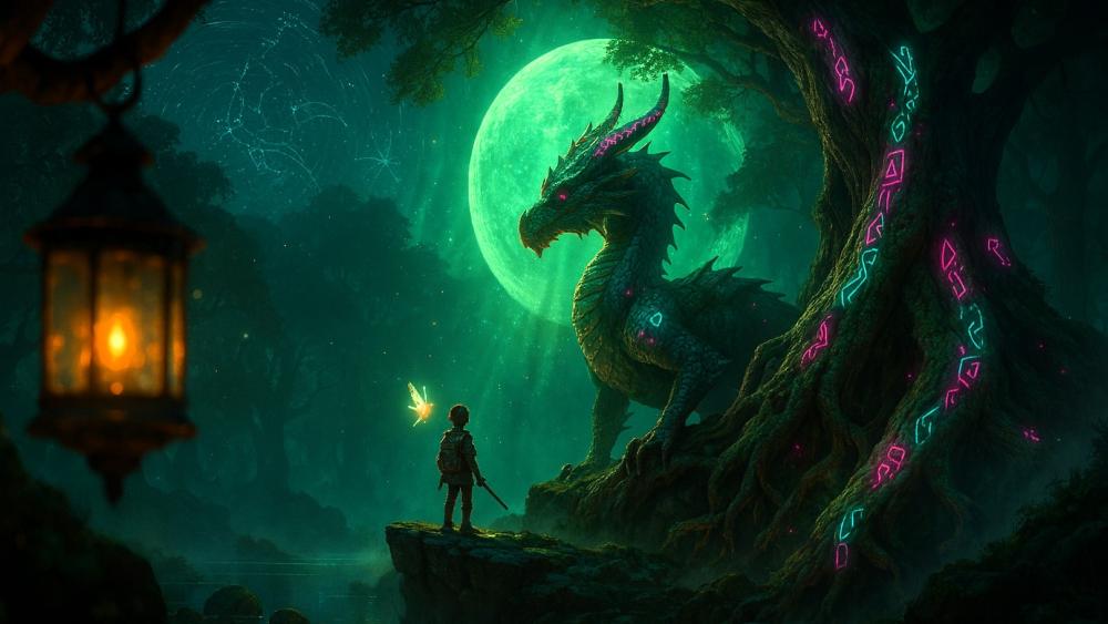 A child is adventuring with dragon wallpaper