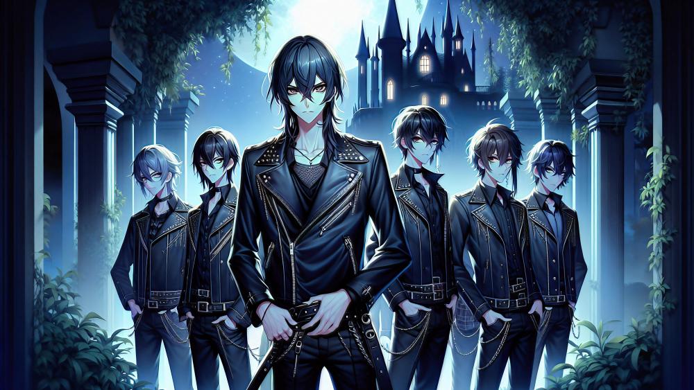Gothic Anime Ensemble under Moonlit Castle wallpaper