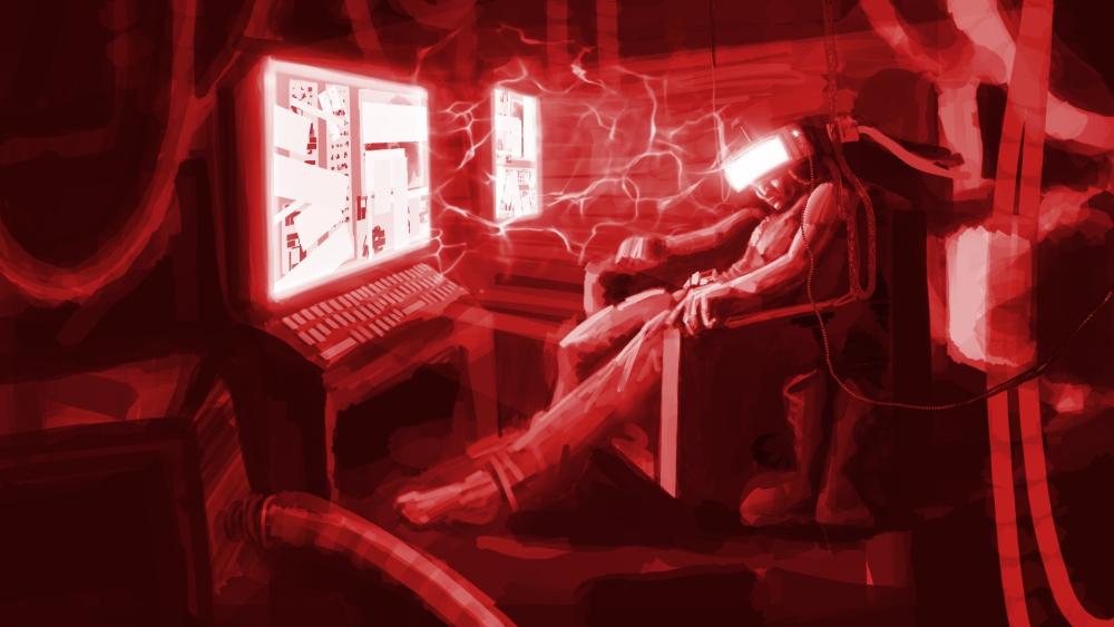 Futuristic Cyber Dreamscape in Scarlet Hues wallpaper