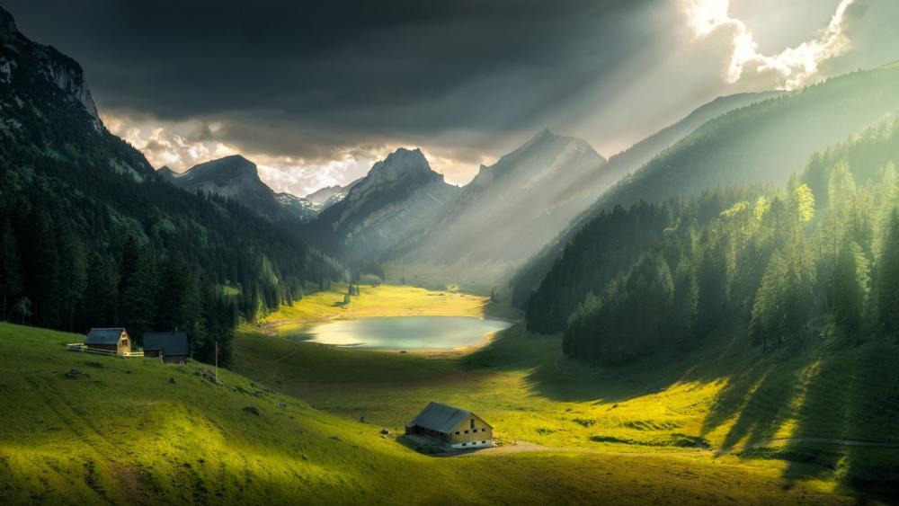 Mountain Serenity in Seealpsee Switzerland wallpaper