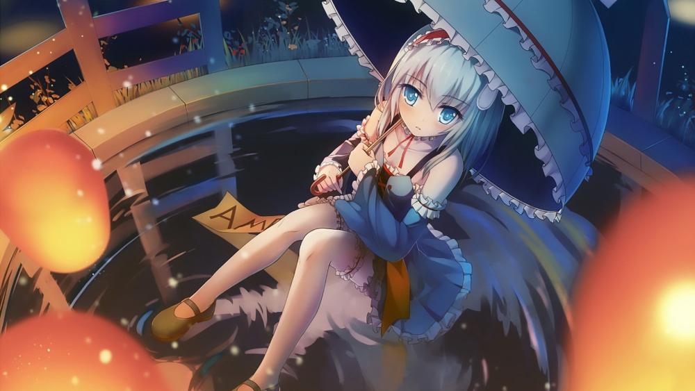 White-Haired Anime Girl in Moonlit Serenity wallpaper