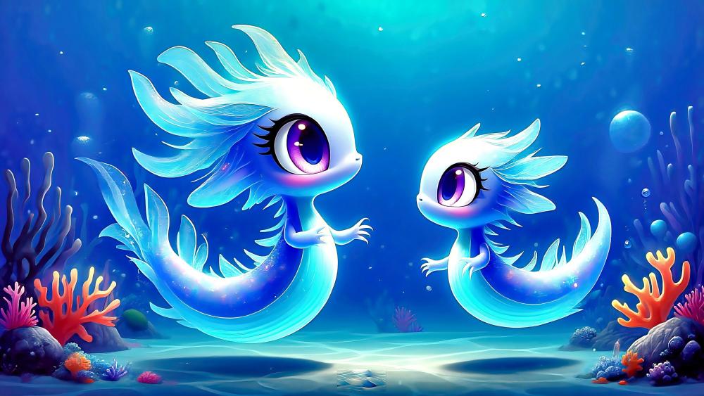 Whimsical Aqua Creatures in a Fantasy Realm wallpaper