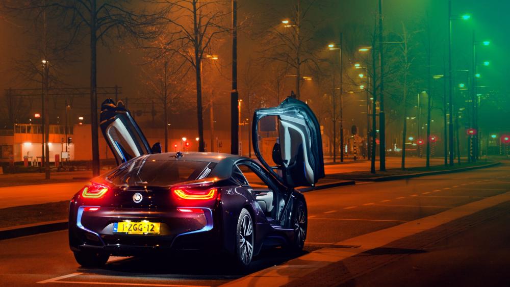 BMW i8 Elegance Illuminated by City Lights wallpaper