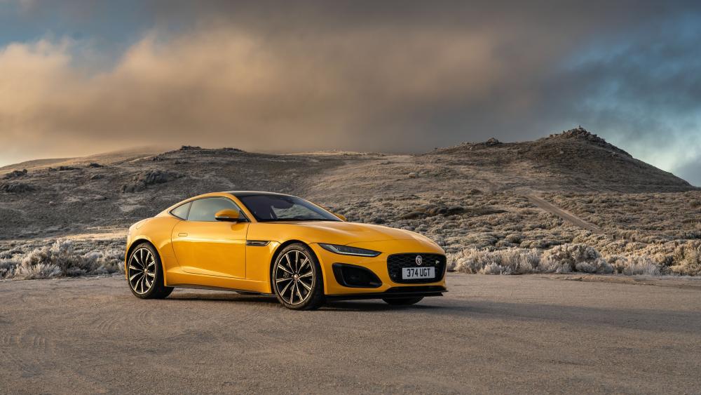 Yellow Jaguar F-TYPE at Sunset on Stunning Landscape wallpaper