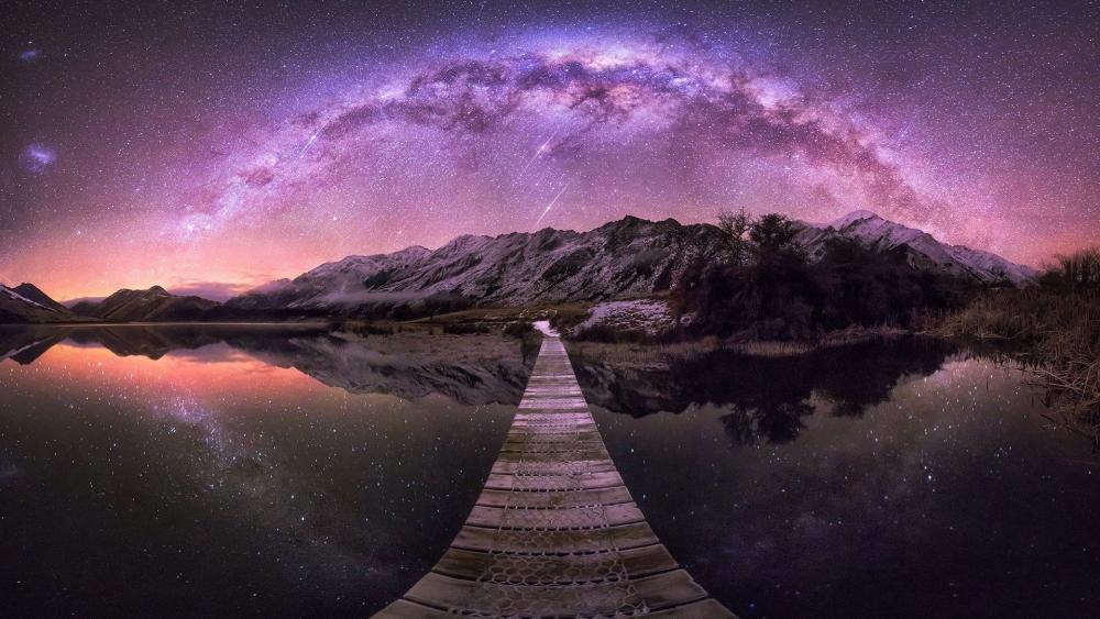 Milky Way Over Tranquil Lakeside Pier wallpaper