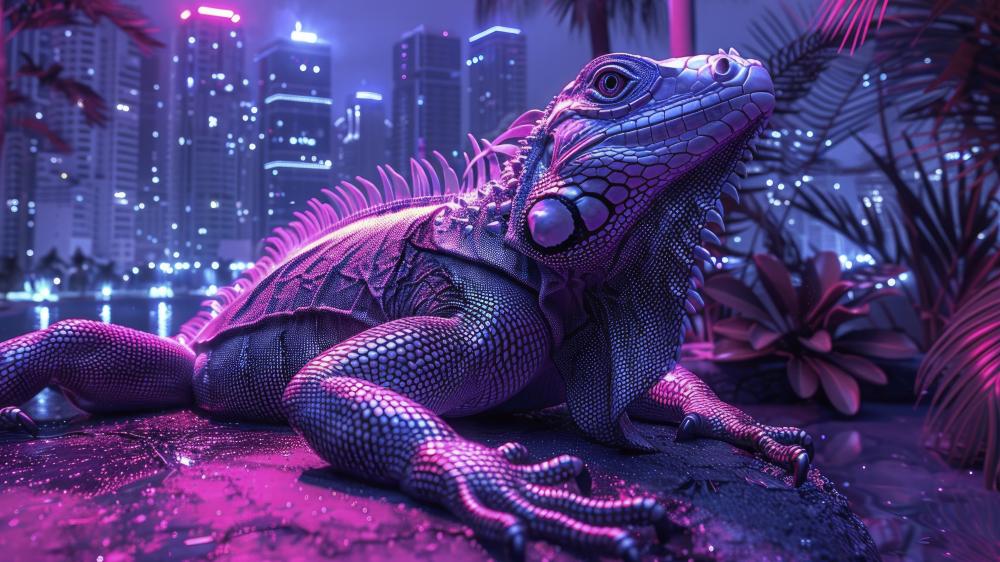 Neon Iguana in a Vibrant Urban Jungle wallpaper