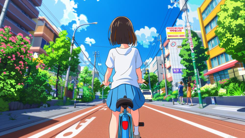 Anime Ride through a Vibrant Urban Scene wallpaper