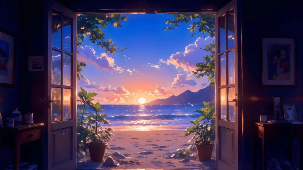 Coastal Paradise Through Open Doors wallpaper