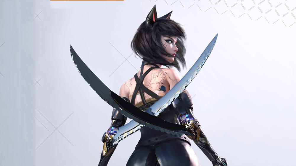Cyberpunk Catgirl Warrior in High-Tech Armor wallpaper