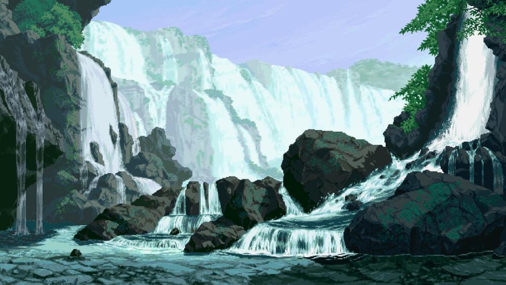 Tranquil Pixels in a Cascading Ravine wallpaper