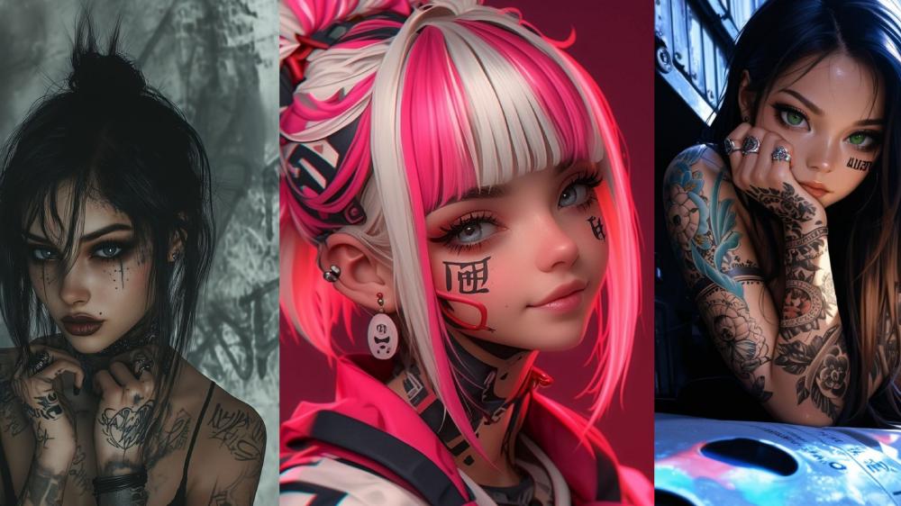 Tattooed Anime Girls Aesthetic Beauty in AI Art Collage wallpaper