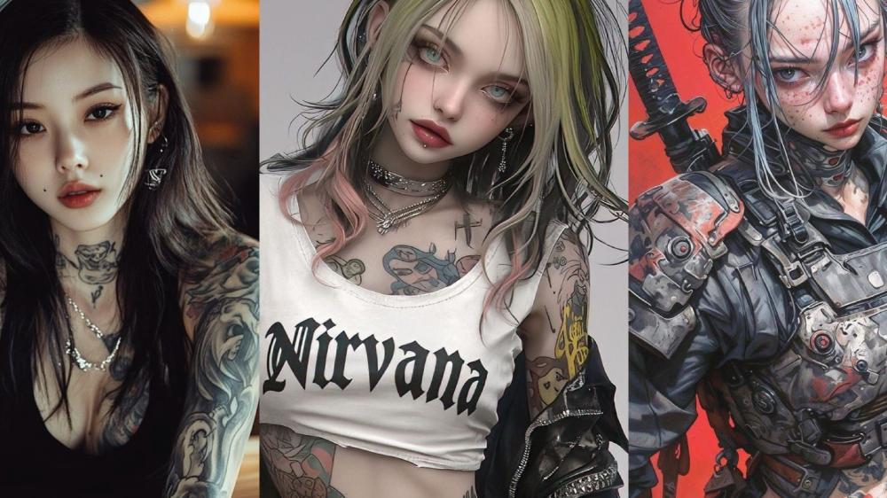 Tattooed Anime Beauties Collage in Aesthetic Style wallpaper