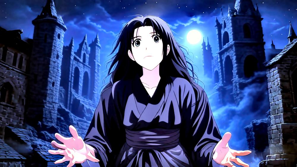 Beautiful Anime Maiden in Moonlit Castle Ruins wallpaper