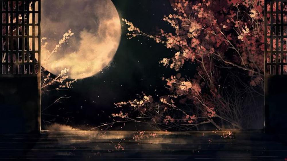 Moonlit Serenity in Oriental Nightscape wallpaper