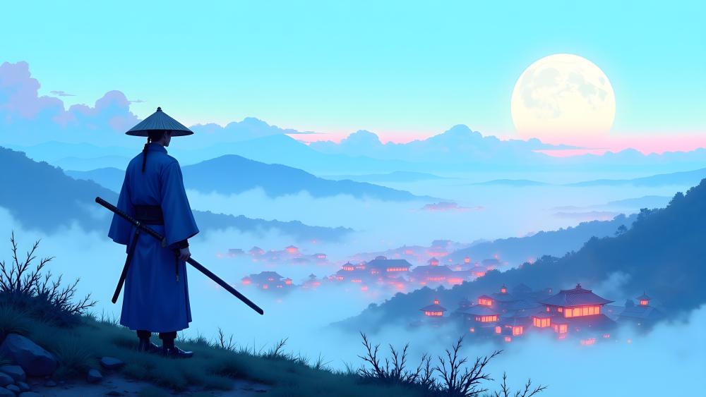 Lone Samurai Overlooks Misty Village wallpaper