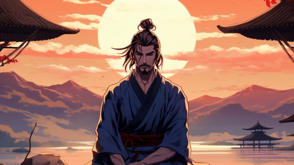 Sunset Serenity Samurai Art wallpaper