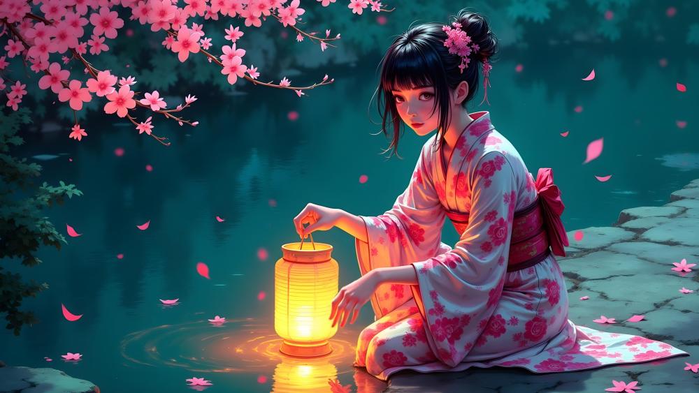 Anime Girl with Lantern by Tranquil Waters wallpaper