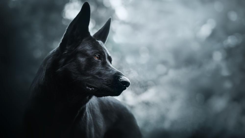 Majestic Black Dog in Serene Wilderness wallpaper