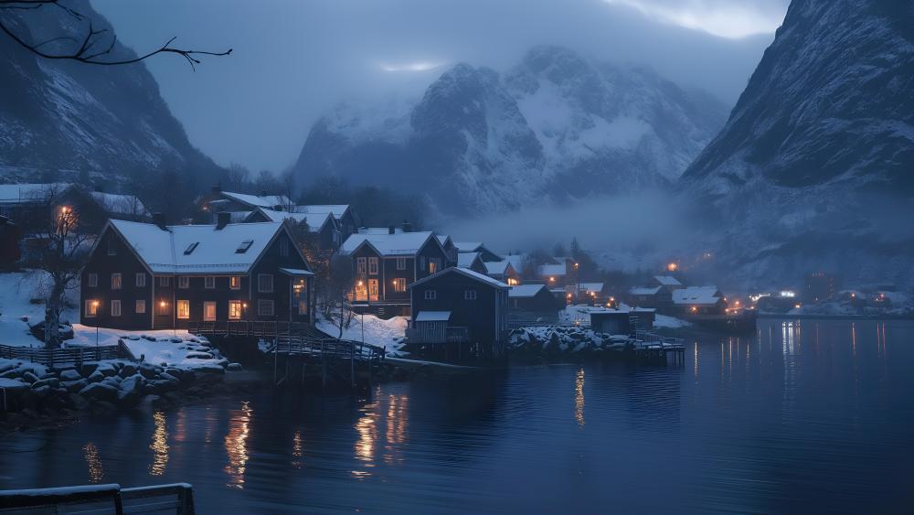 Mountain Village Mystique in Winter Tranquility wallpaper