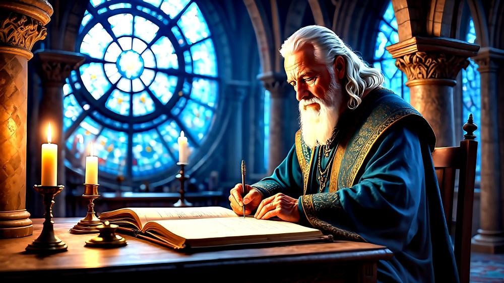 Deep Study in Candlelit Medieval Chamber wallpaper