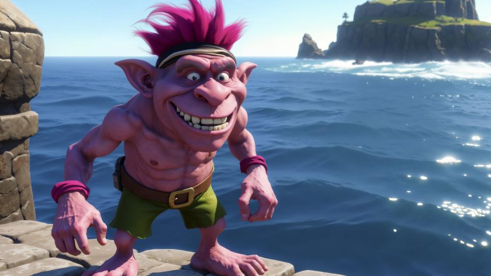 Gnome Adventurer by the Sea Fantasy Scene wallpaper