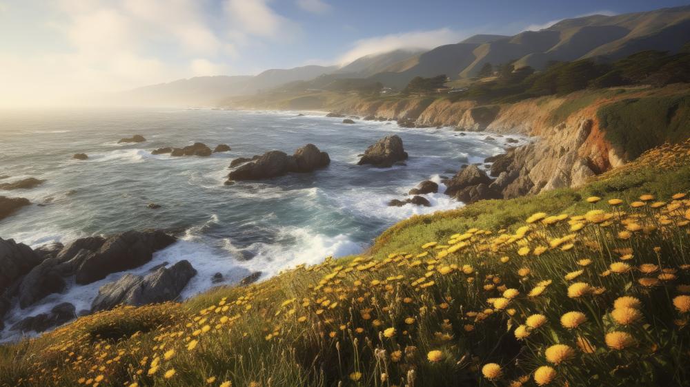 Flower Field by the Coastline in Painting Style wallpaper