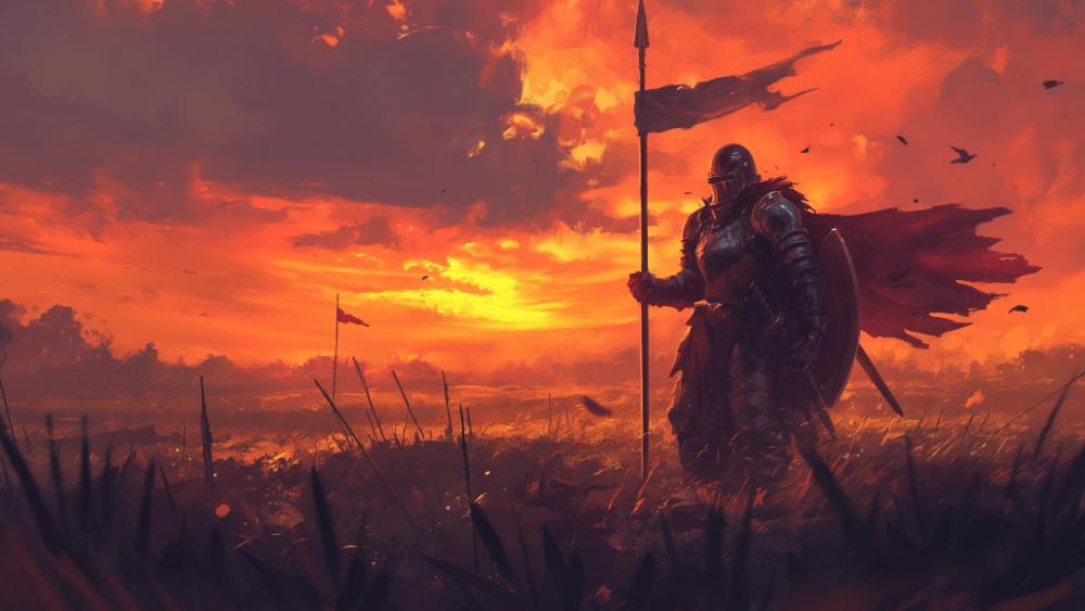 Medieval Warrior at Twilight: Enchanted Battlefield Evening wallpaper