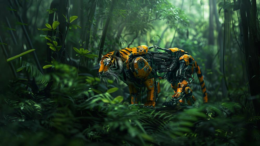 futuristic-half-robot-tiger-nature wallpaper