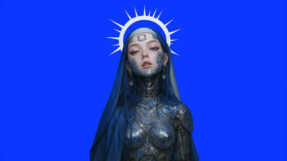 Cyberpunk Nun in Blue Realm wallpaper