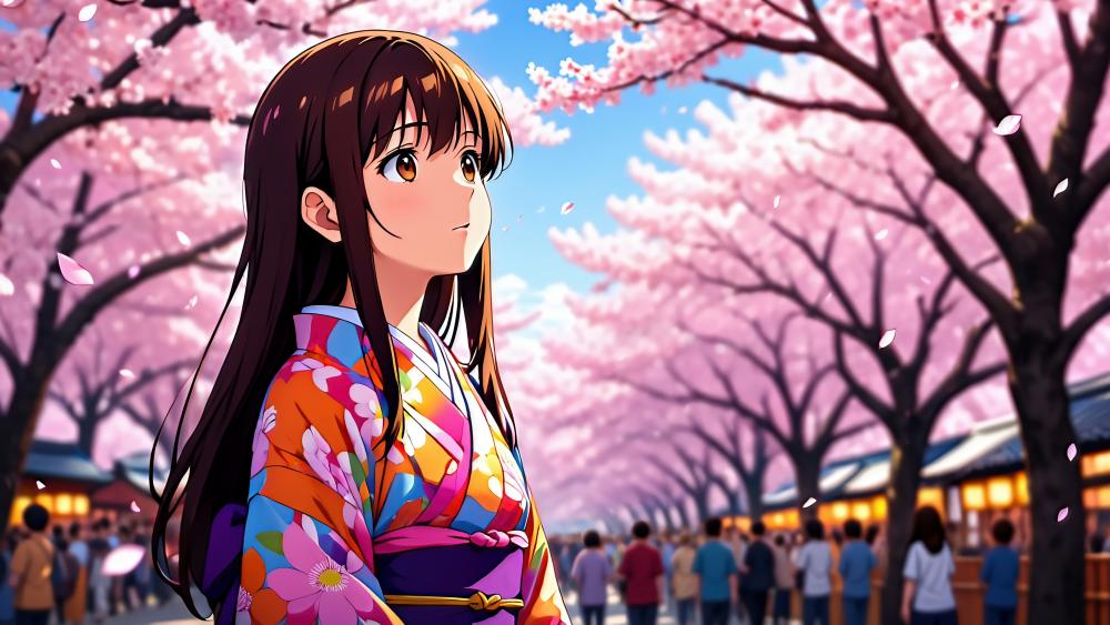Yukata Girl With Cherry Blossoms wallpaper