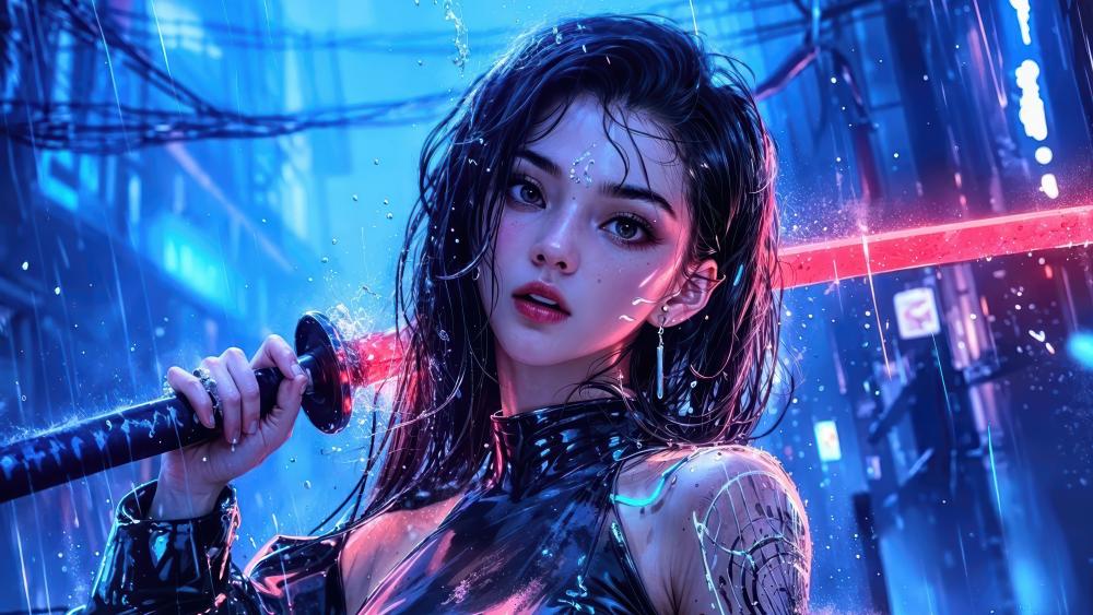 Neon Cyberpunk Warrior with Katana wallpaper