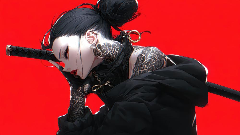 Gothic Samurai Demoness in Red and Black wallpaper