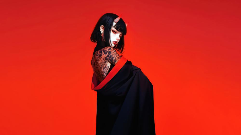Tattooed Horned Girl on Vivid Red Background wallpaper
