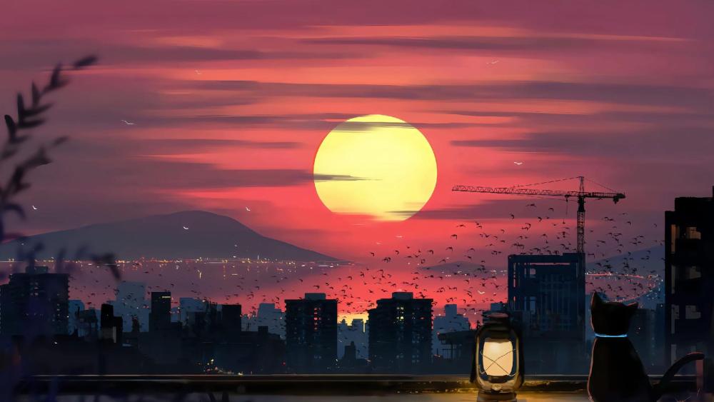 Sunset Silence with Black Cat and Lantern wallpaper