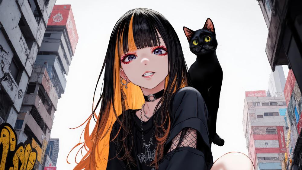 Anime Girl and Black Cat in Urban Setting wallpaper
