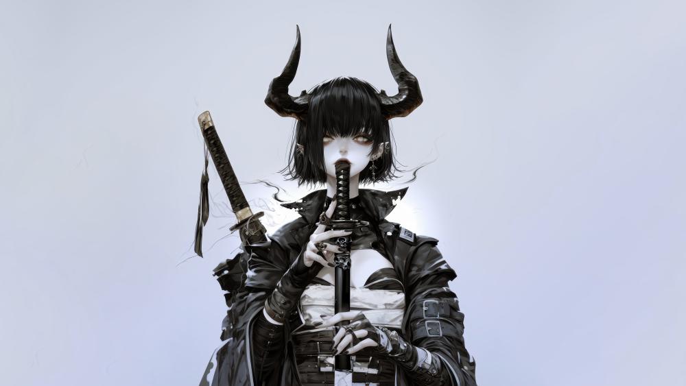 Demoness with Horns and Katana in Gothic Style Art wallpaper