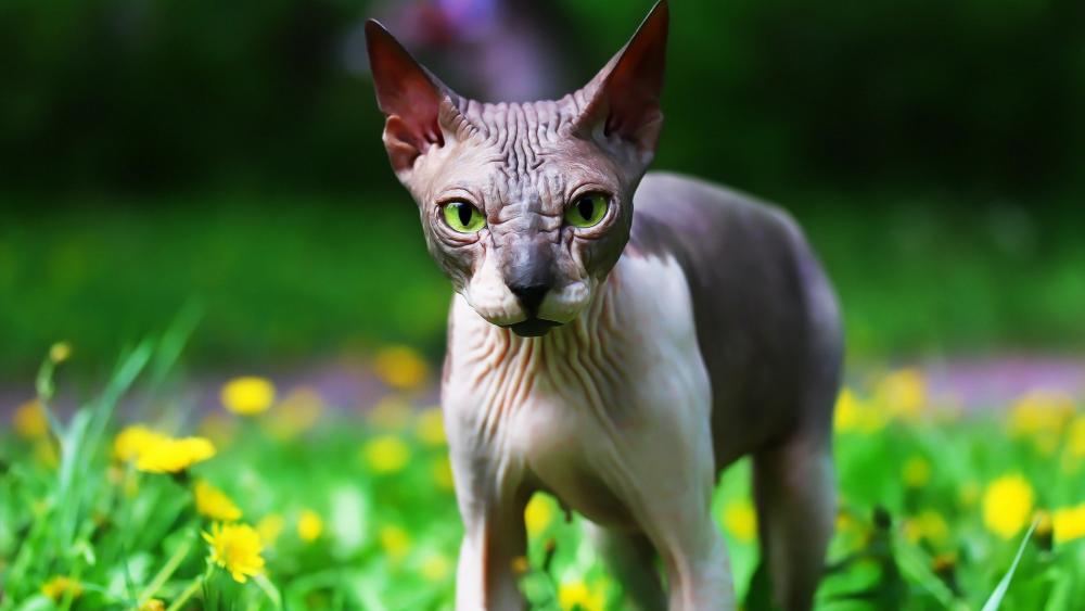 Sphynx Cat in Lush Meadow Displaying Elegance and Beauty wallpaper