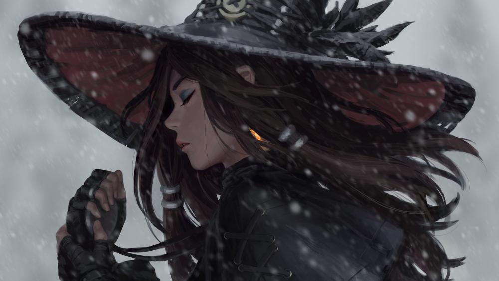 Mystical Witch in the Snowy Night wallpaper