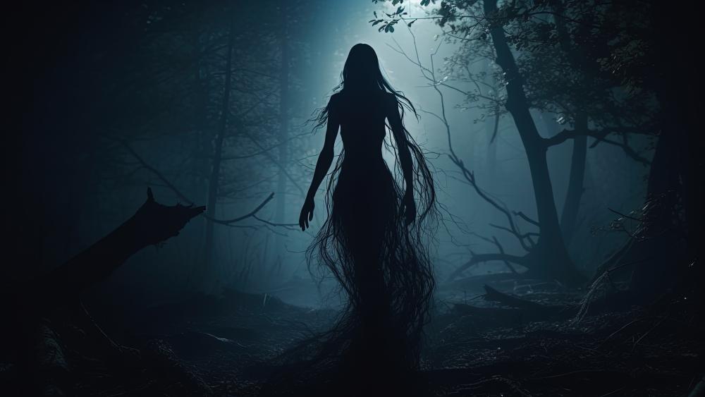 Eerie Silhouette in the Misty Woodland wallpaper
