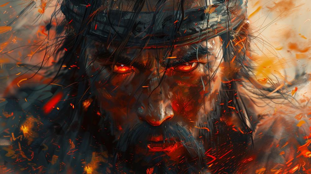 Warrior with Glowing Eyes in Mythical Battle Scene wallpaper